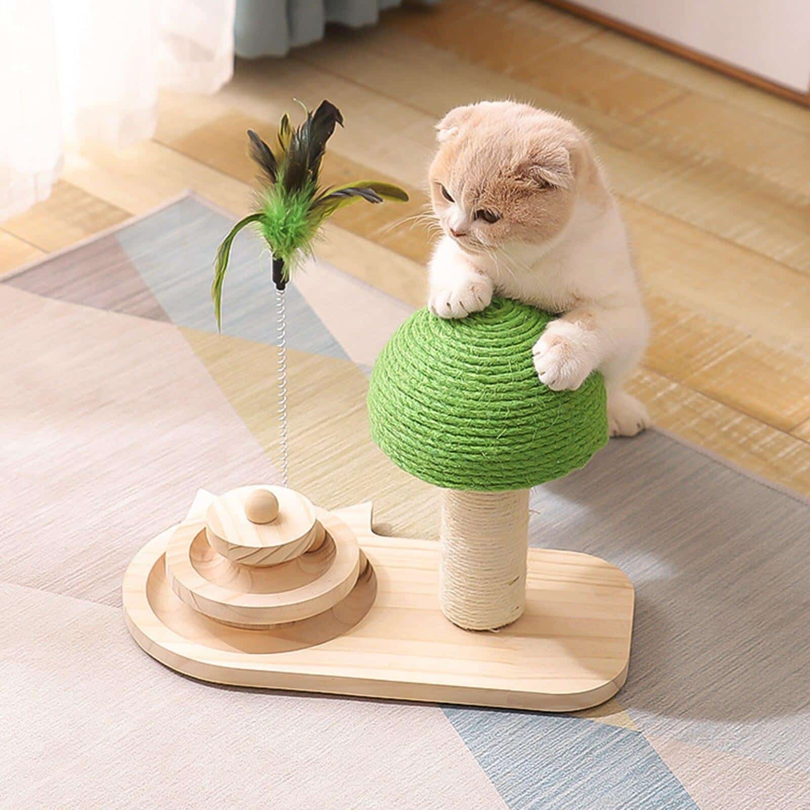 jouet chat plume bois