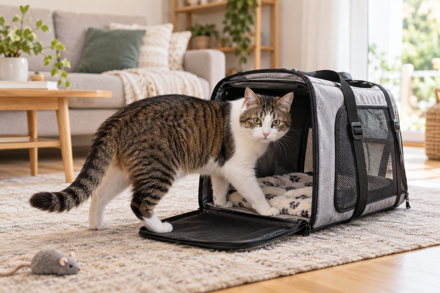 Chat entrant dans un sac de transport ouvert à la maison